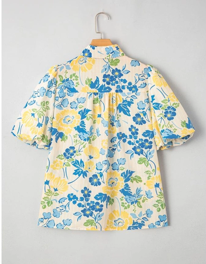 Blue Floral Striped Mixed Print Puff Short Sleeve Blouse