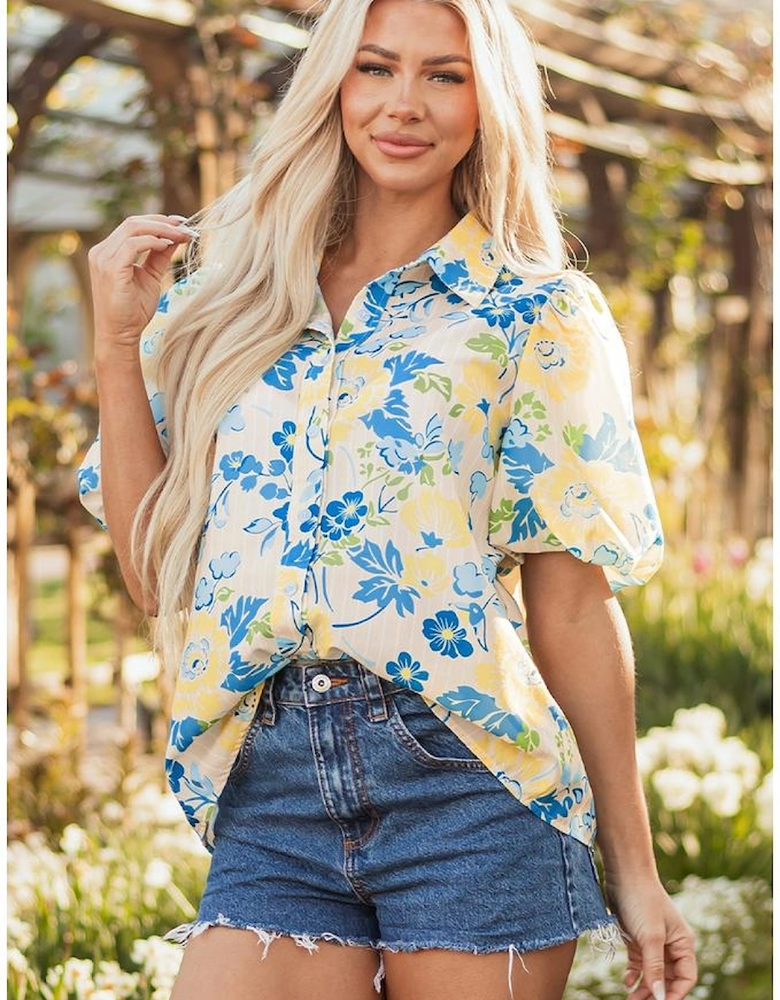 Blue Floral Striped Mixed Print Puff Short Sleeve Blouse
