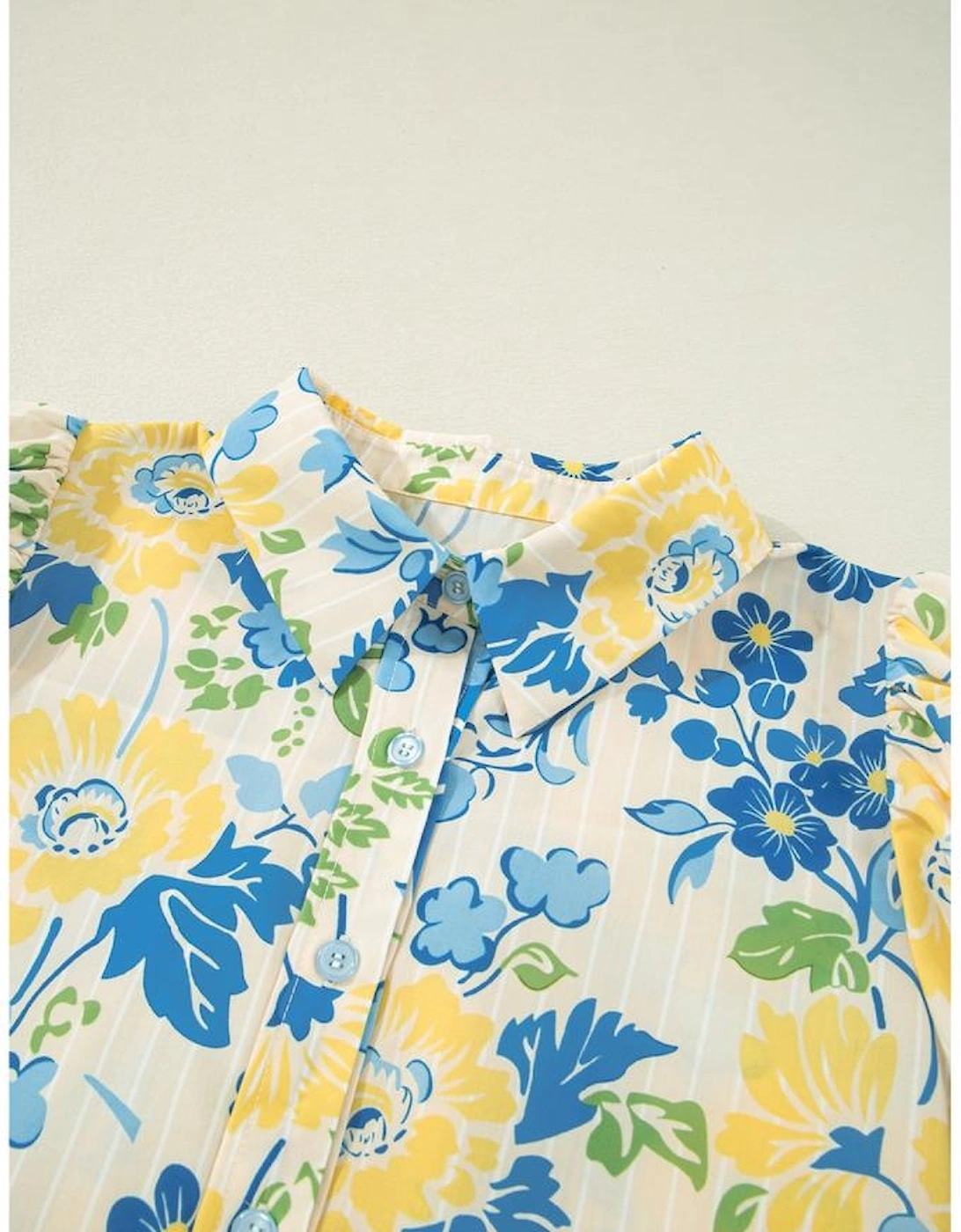 Blue Floral Striped Mixed Print Puff Short Sleeve Blouse