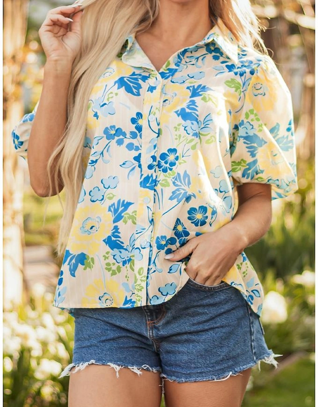 Blue Floral Striped Mixed Print Puff Short Sleeve Blouse