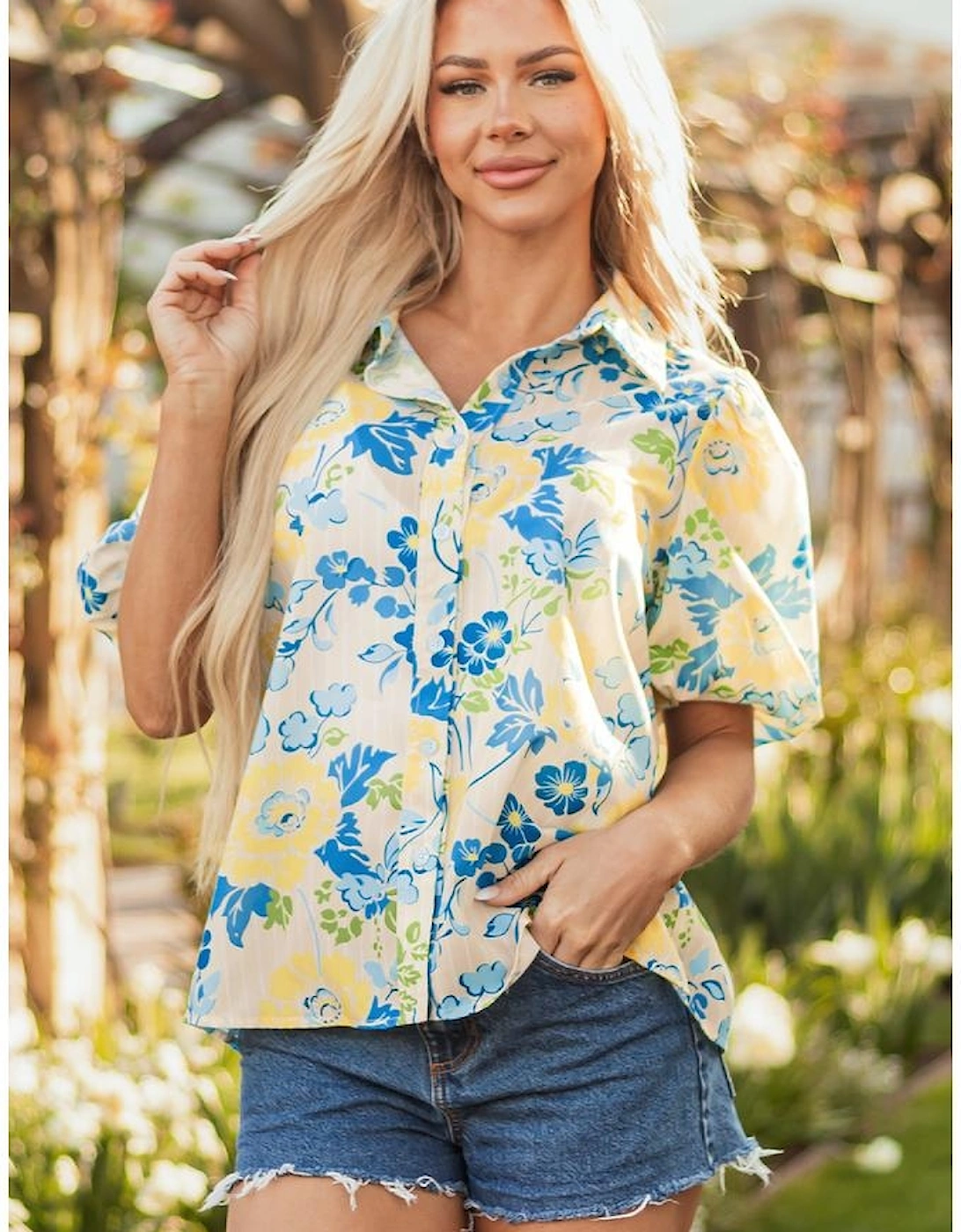 Blue Floral Striped Mixed Print Puff Short Sleeve Blouse