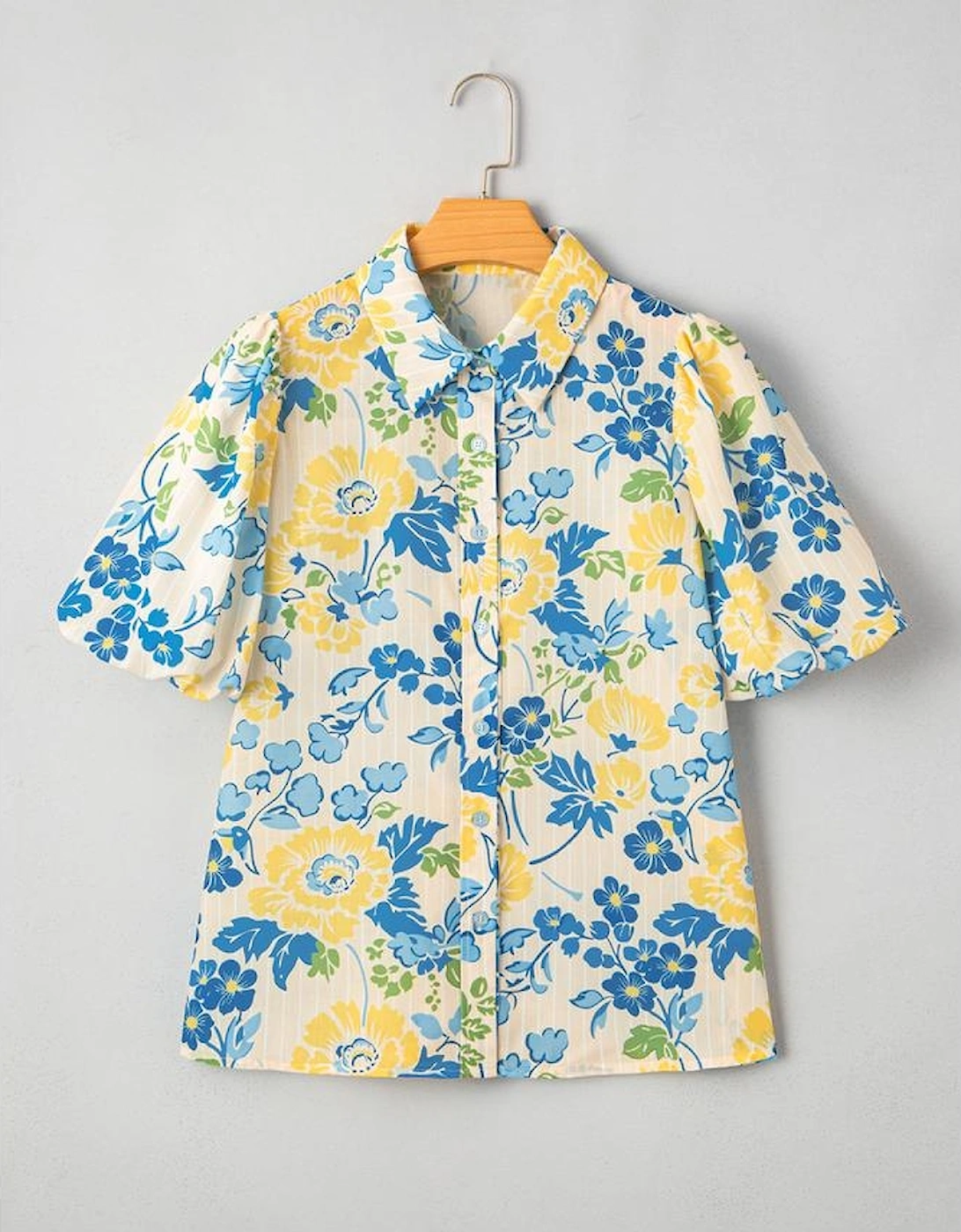 Blue Floral Striped Mixed Print Puff Short Sleeve Blouse