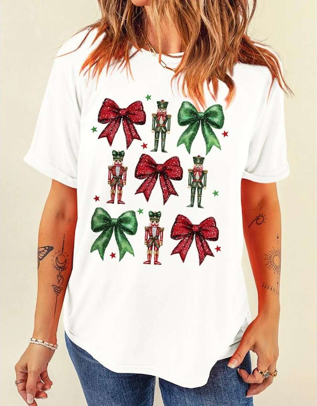 White Bowknot Nutcracker Printed Crewneck Christmas T Shirt