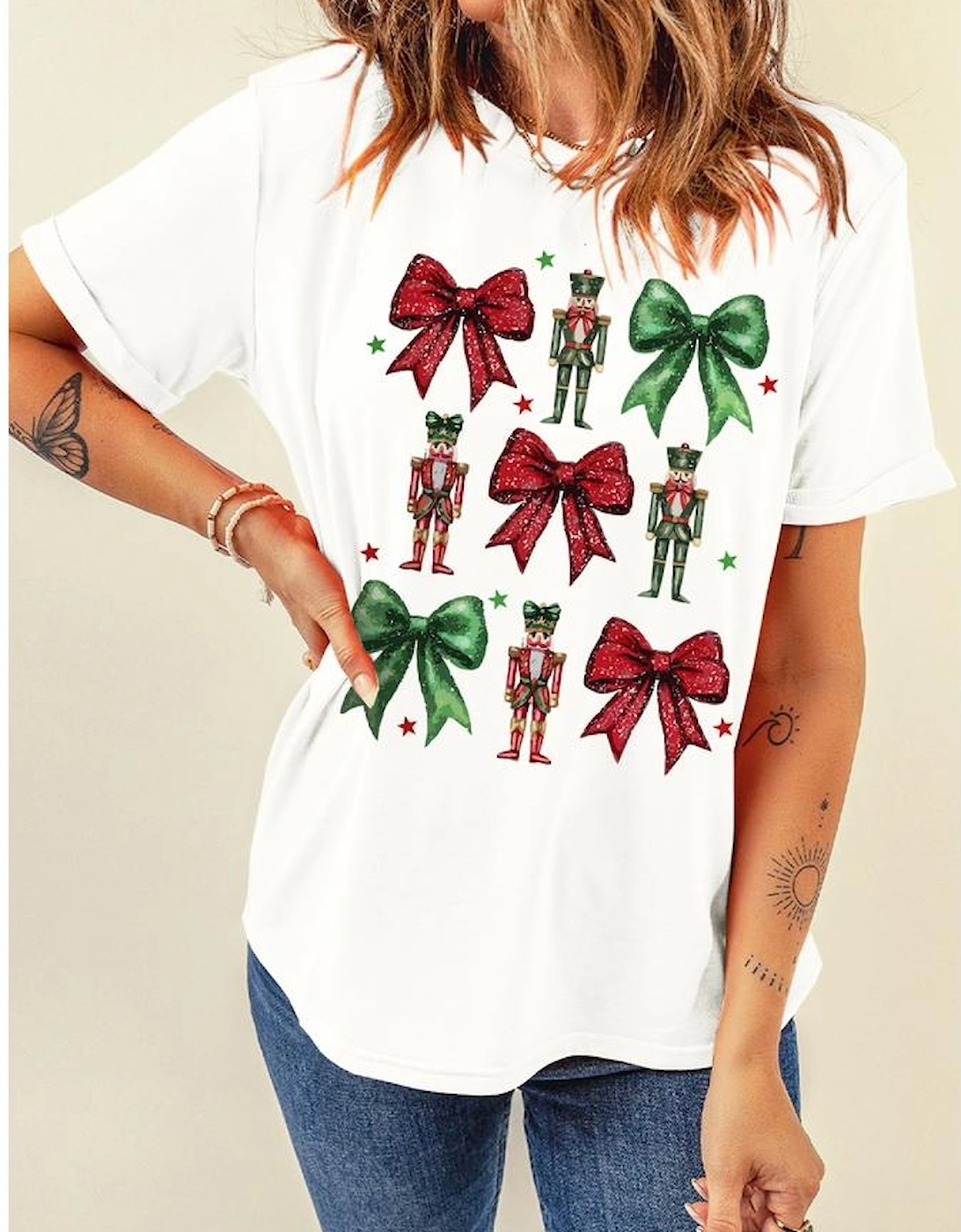 White Bowknot Nutcracker Printed Crewneck Christmas T Shirt, 6 of 5