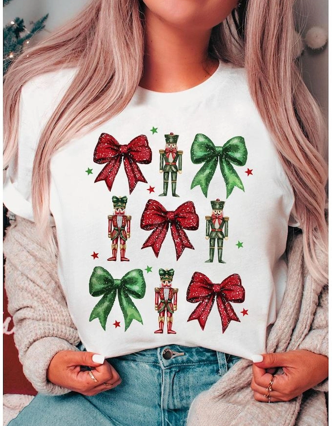 White Bowknot Nutcracker Printed Crewneck Christmas T Shirt