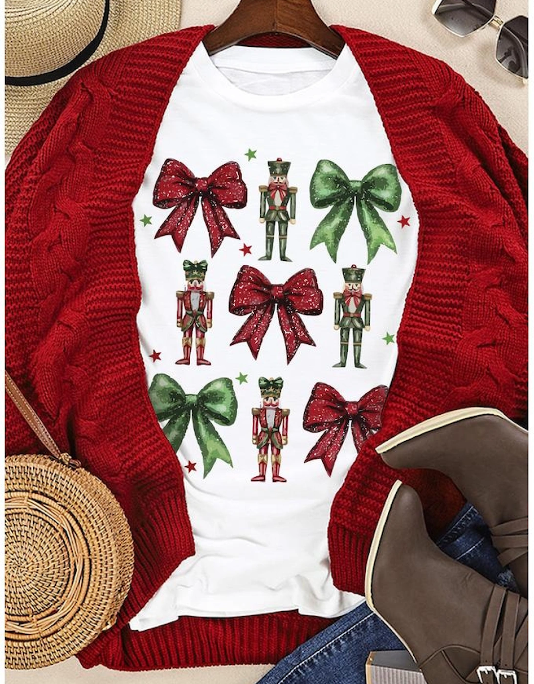 White Bowknot Nutcracker Printed Crewneck Christmas T Shirt