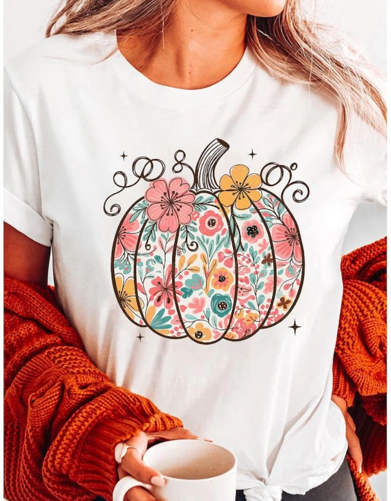White Floral Pumpkin Print Cotton Blend T Shirt