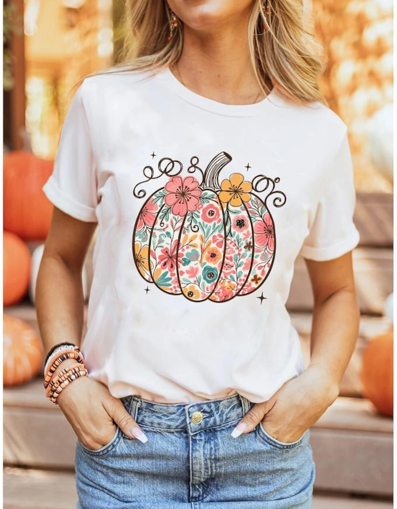 White Floral Pumpkin Print Cotton Blend T Shirt