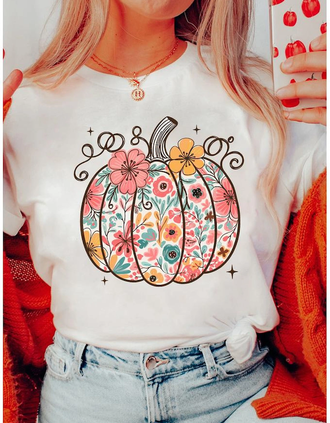 White Floral Pumpkin Print Cotton Blend T Shirt