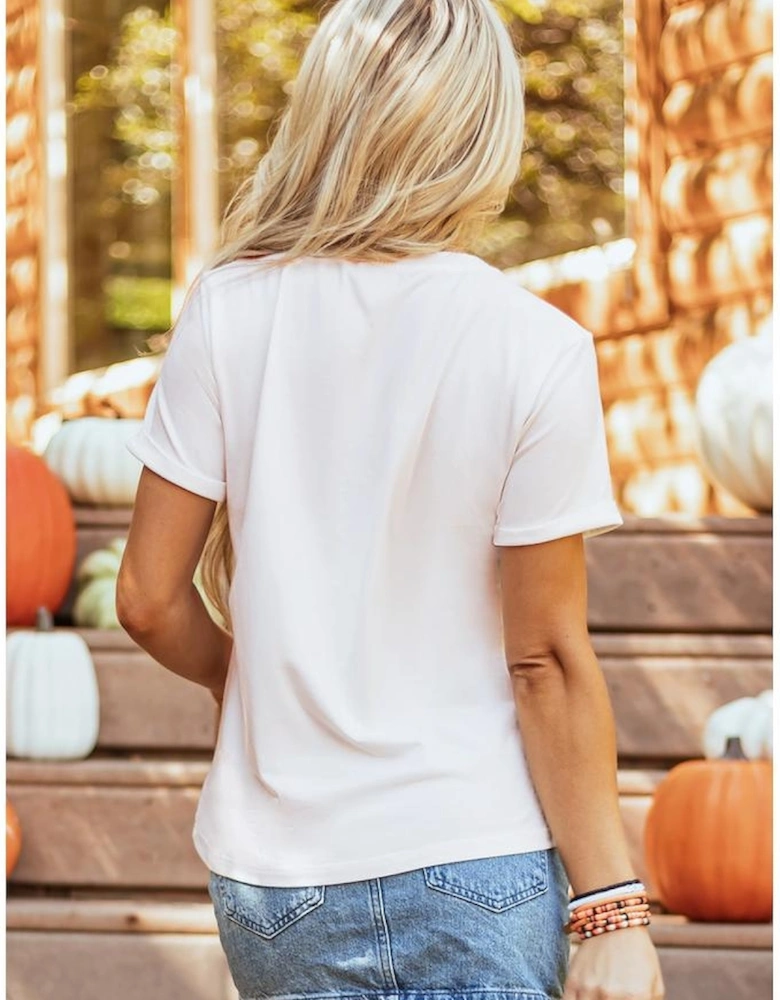 White Floral Pumpkin Print Cotton Blend T Shirt