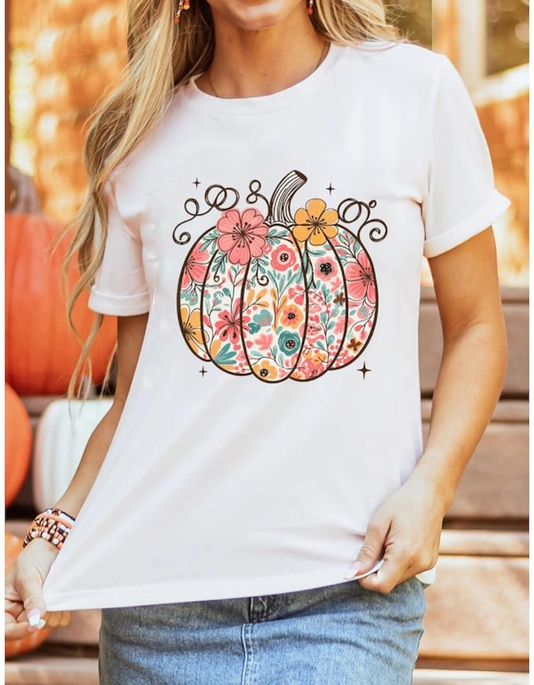 White Floral Pumpkin Print Cotton Blend T Shirt