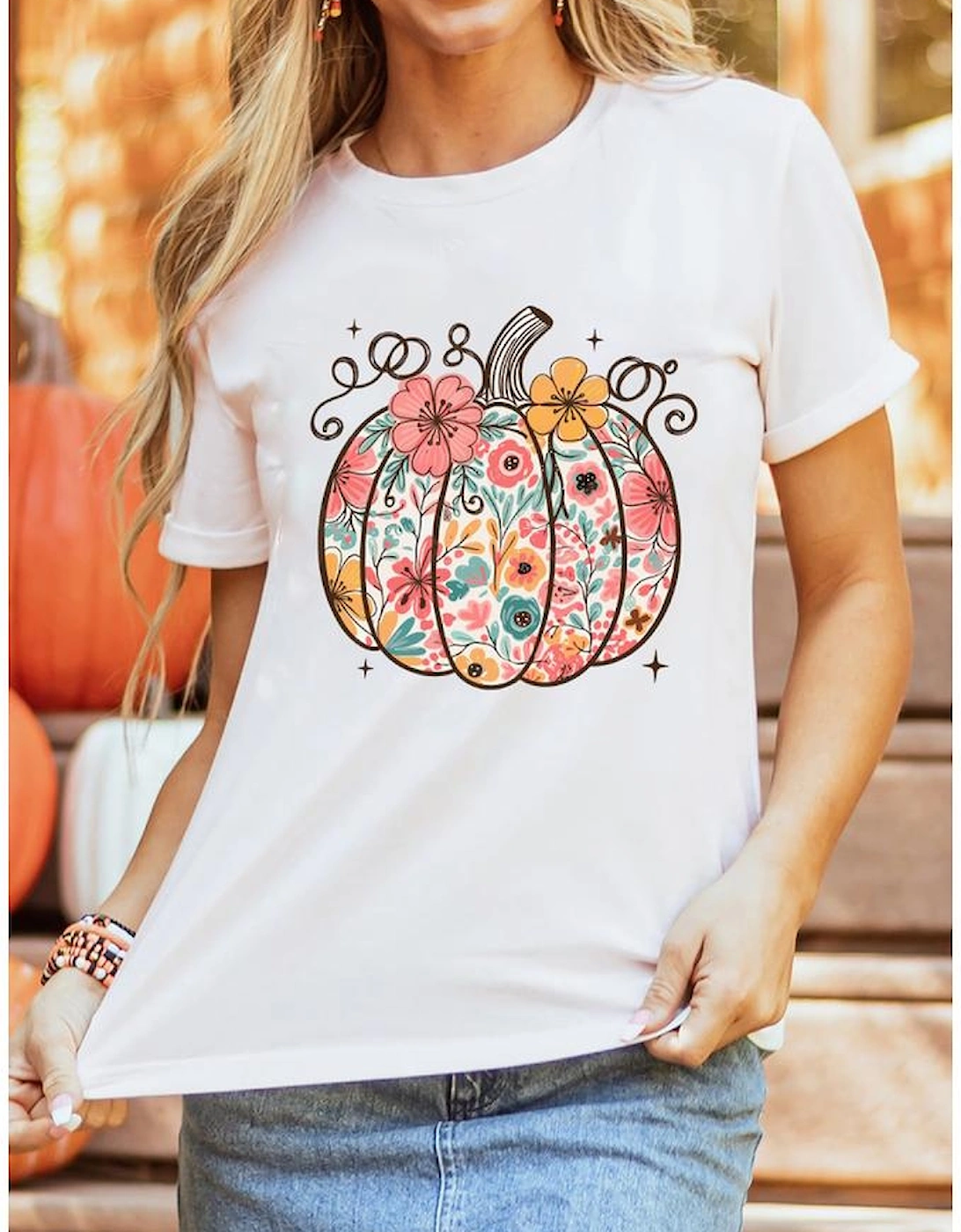 White Floral Pumpkin Print Cotton Blend T Shirt