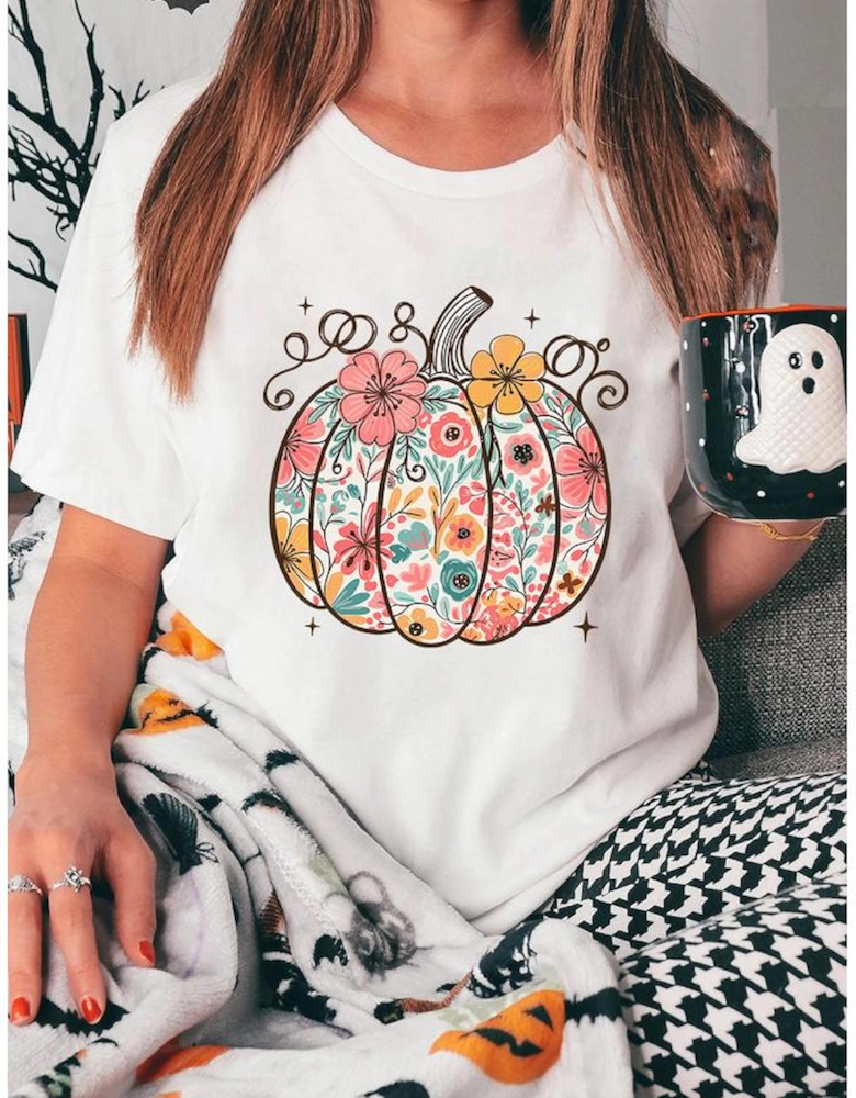 White Floral Pumpkin Print Cotton Blend T Shirt