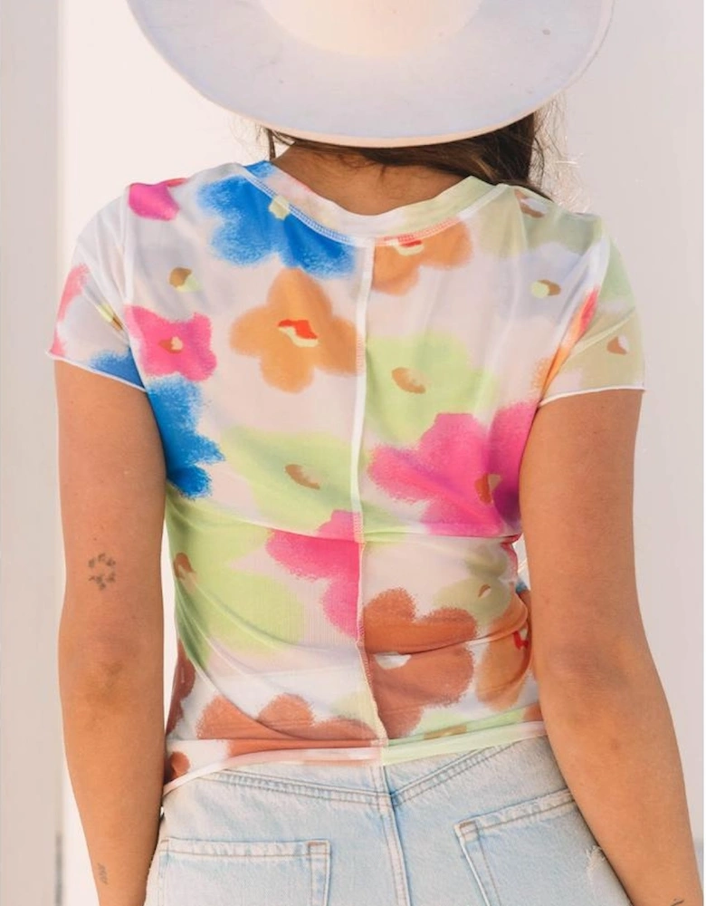 Multicolour Floral Mesh Lettuce Trim Cropped T Shirt