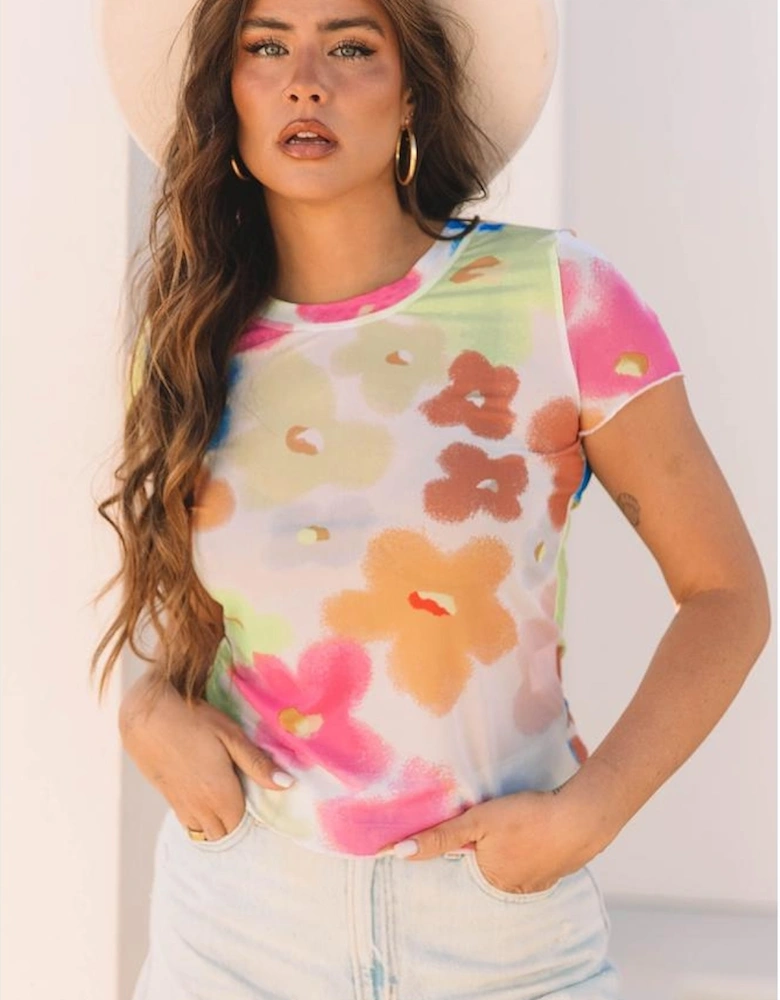 Multicolour Floral Mesh Lettuce Trim Cropped T Shirt