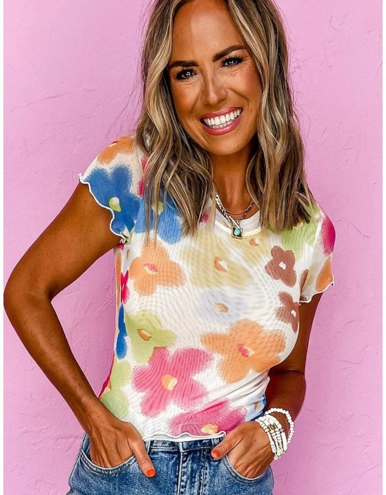 Multicolour Floral Mesh Lettuce Trim Cropped T Shirt