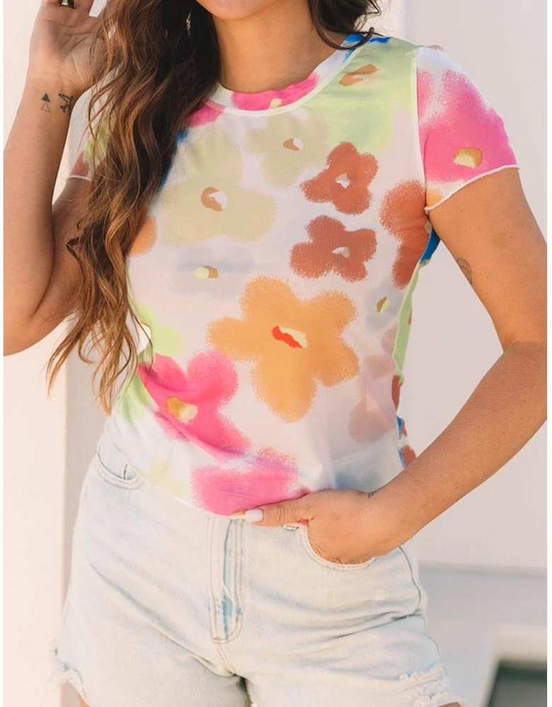 Multicolour Floral Mesh Lettuce Trim Cropped T Shirt