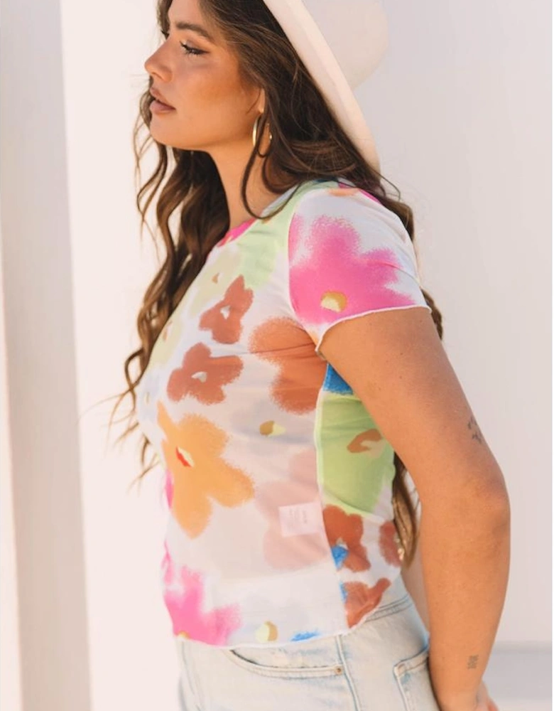 Multicolour Floral Mesh Lettuce Trim Cropped T Shirt