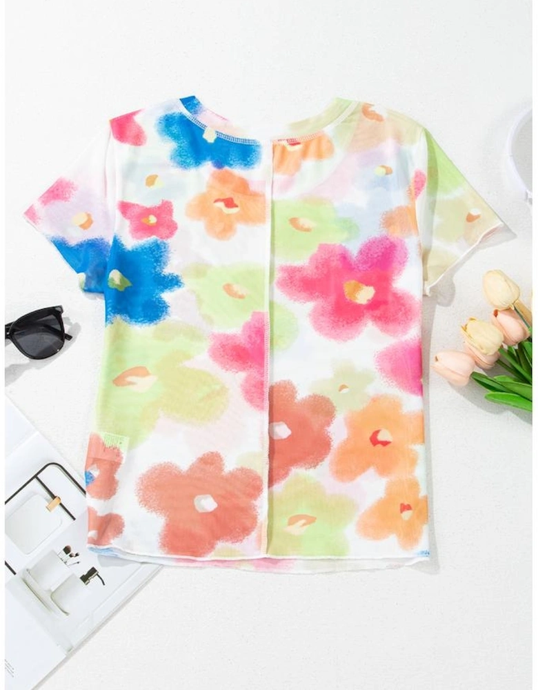 Multicolour Floral Mesh Lettuce Trim Cropped T Shirt