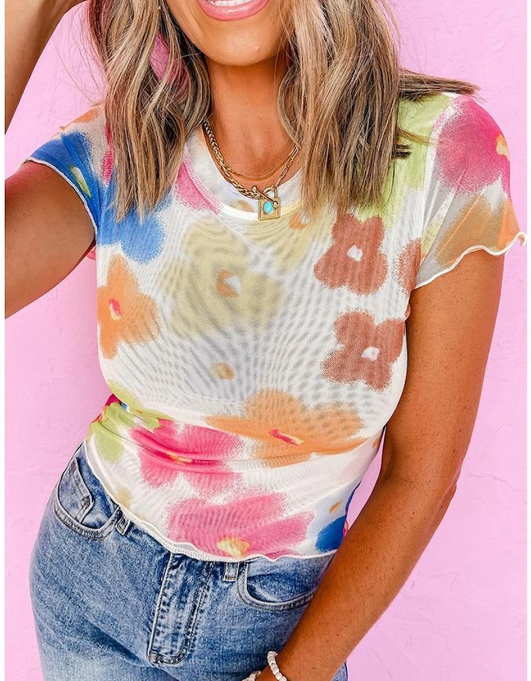 Multicolour Floral Mesh Lettuce Trim Cropped T Shirt