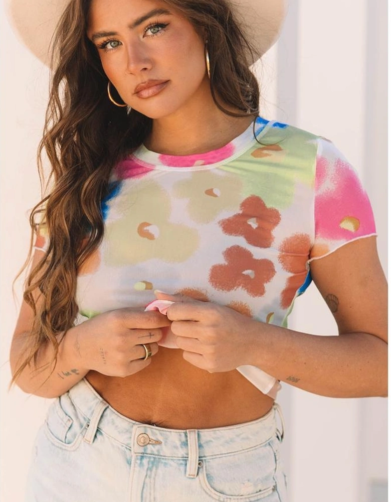 Multicolour Floral Mesh Lettuce Trim Cropped T Shirt