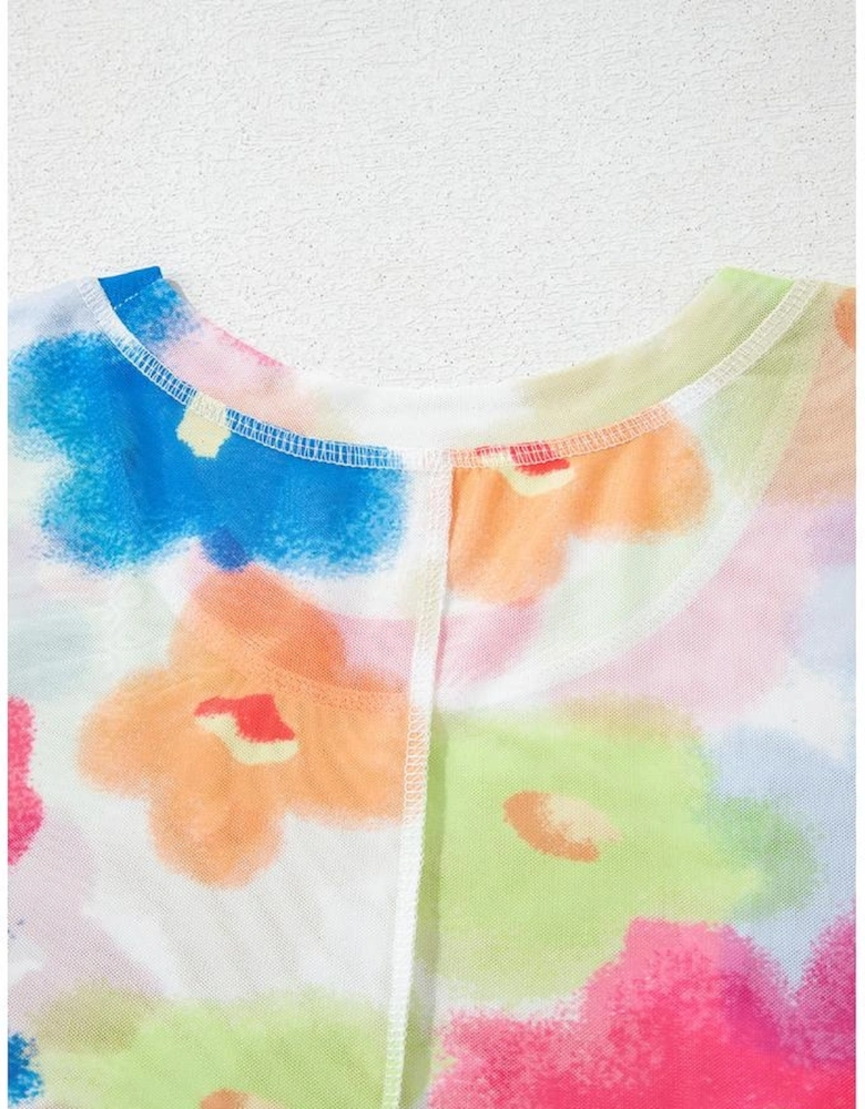 Multicolour Floral Mesh Lettuce Trim Cropped T Shirt