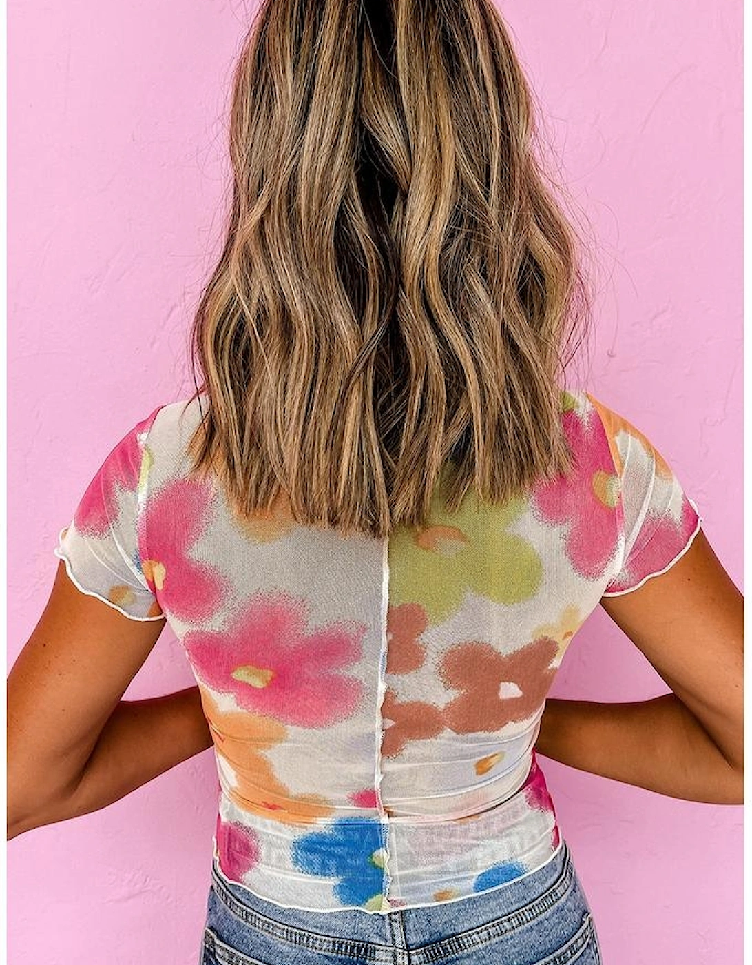 Multicolour Floral Mesh Lettuce Trim Cropped T Shirt