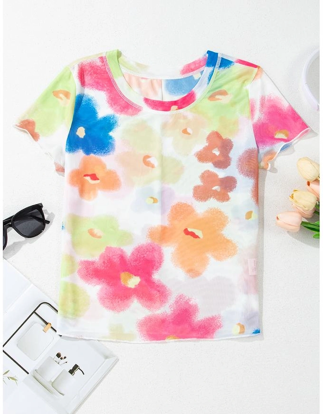 Multicolour Floral Mesh Lettuce Trim Cropped T Shirt