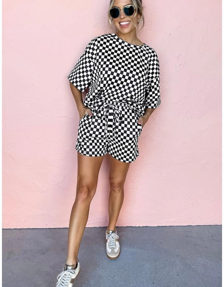 Black Checkered Top and Short Casual 2pcs Set