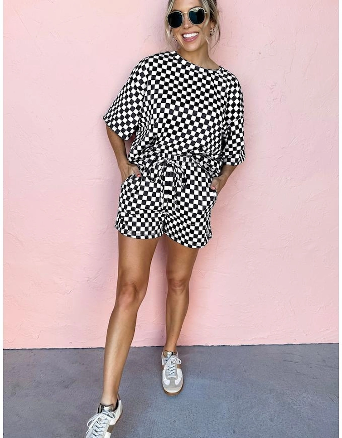 Black Checkered Top and Short Casual 2pcs Set