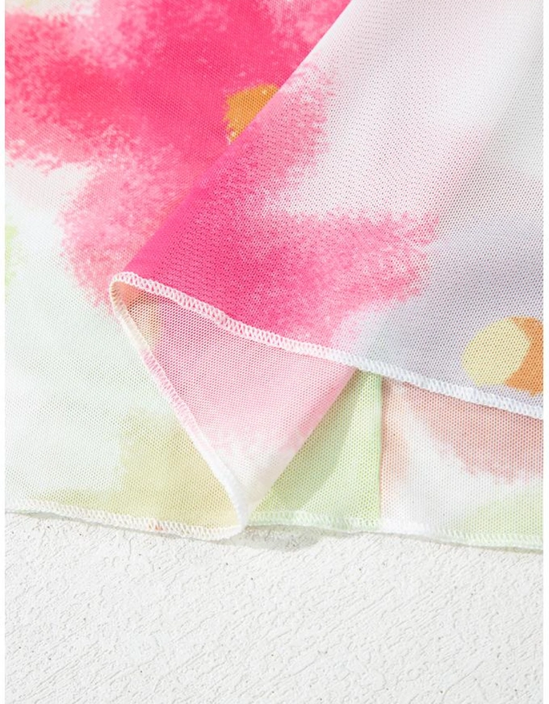 Multicolour Floral Mesh Lettuce Trim Cropped T Shirt