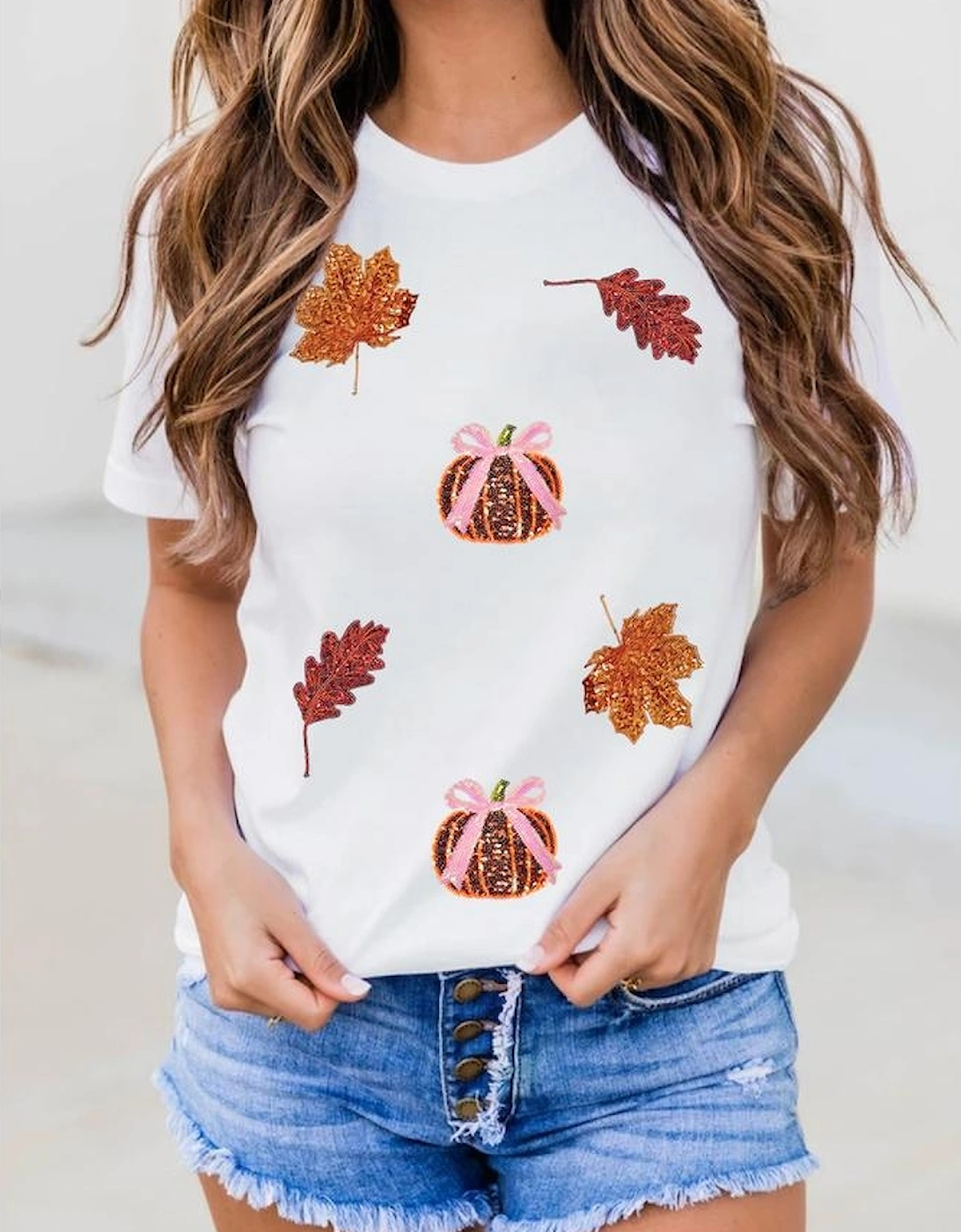 White Sequined Pumpkin Leaves Fall Vibe Graphic T Shirt