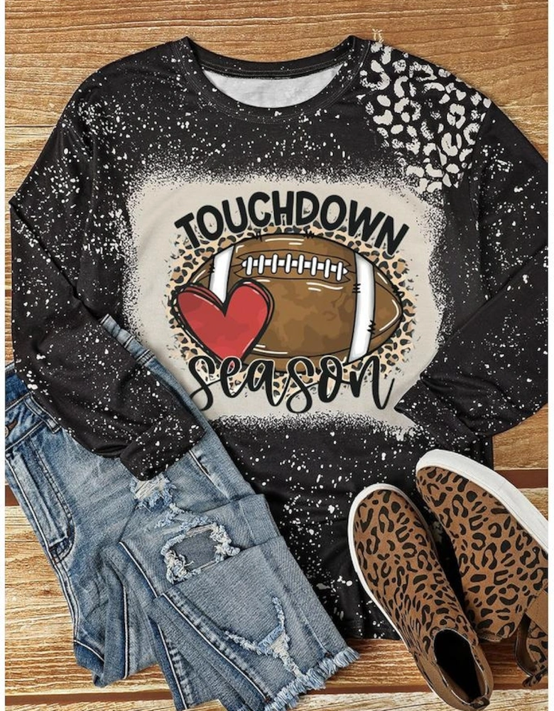 Black TOUCHDOWN Season Rugby Leopard Print Long Sleeve Top