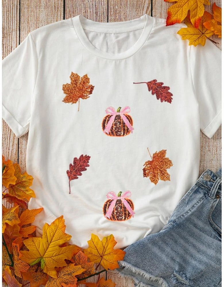 White Sequined Pumpkin Leaves Fall Vibe Graphic T Shirt