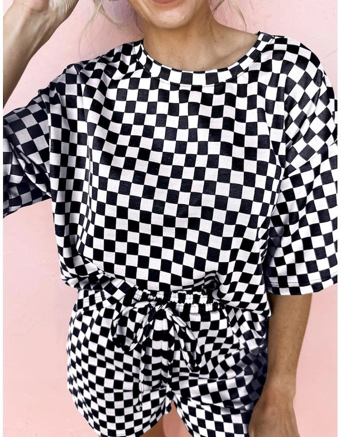 Black Checkered Top and Short Casual 2pcs Set