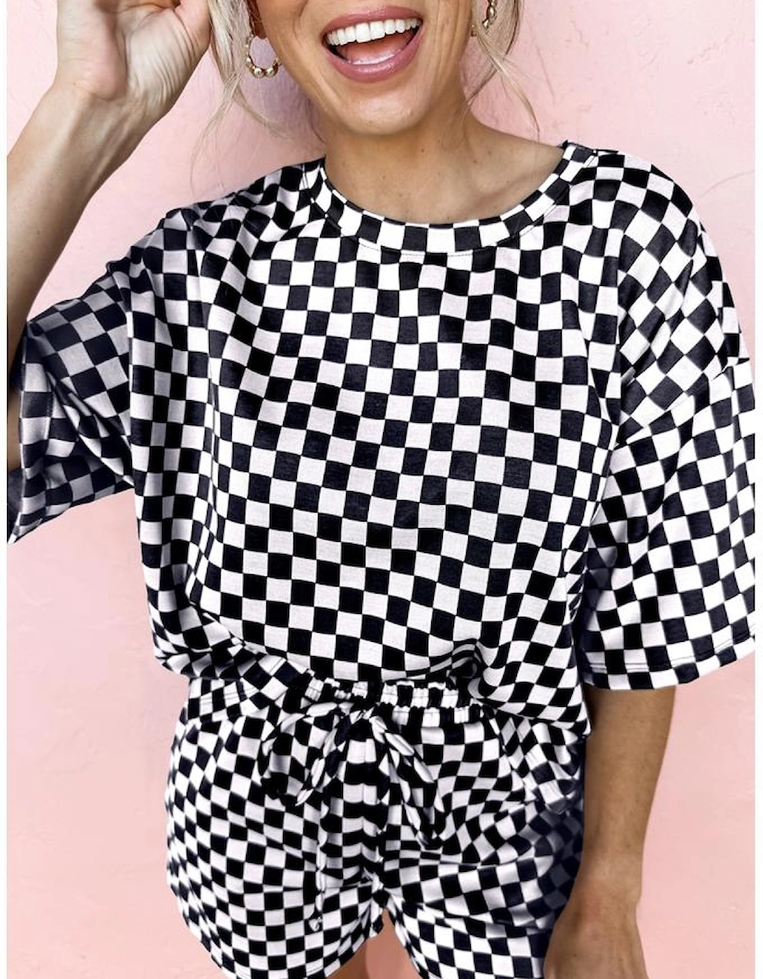 Black Checkered Top and Short Casual 2pcs Set