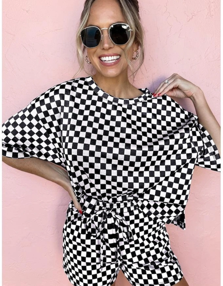 Black Checkered Top and Short Casual 2pcs Set