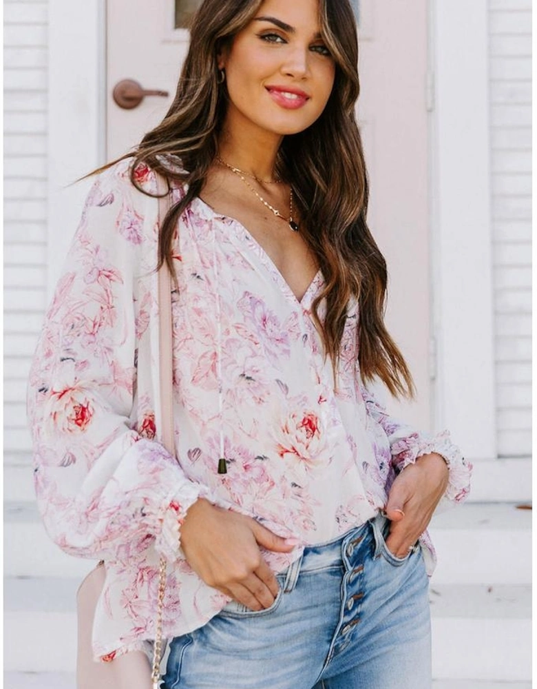 Azura Exchange Multicolour Vibrant Floral Printed Ruffle Trim Blouse