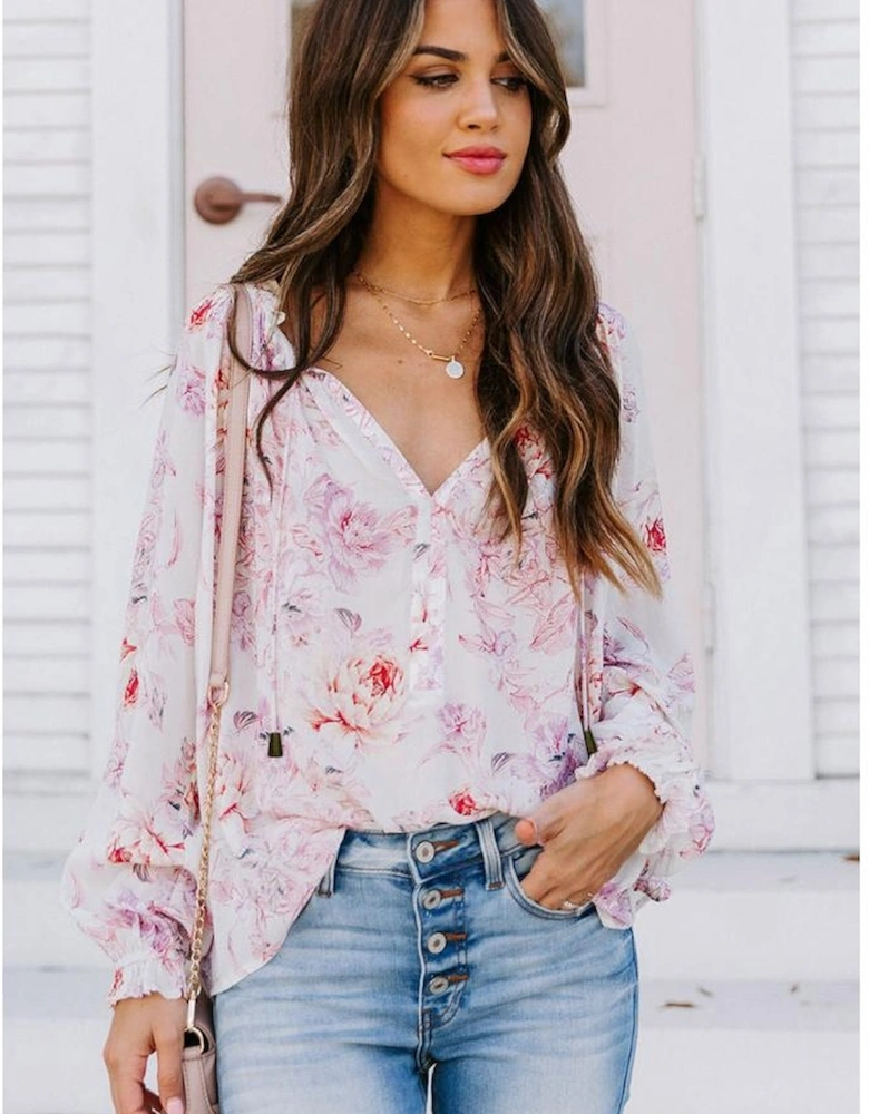 Azura Exchange Multicolour Vibrant Floral Printed Ruffle Trim Blouse