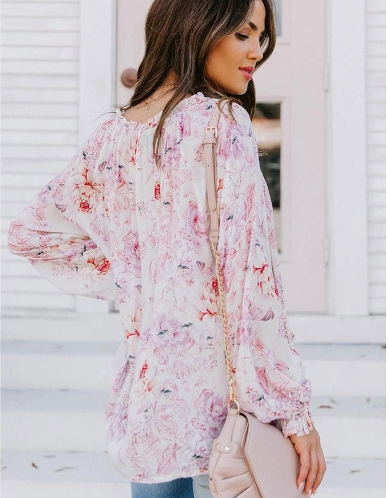 Azura Exchange Multicolour Vibrant Floral Printed Ruffle Trim Blouse