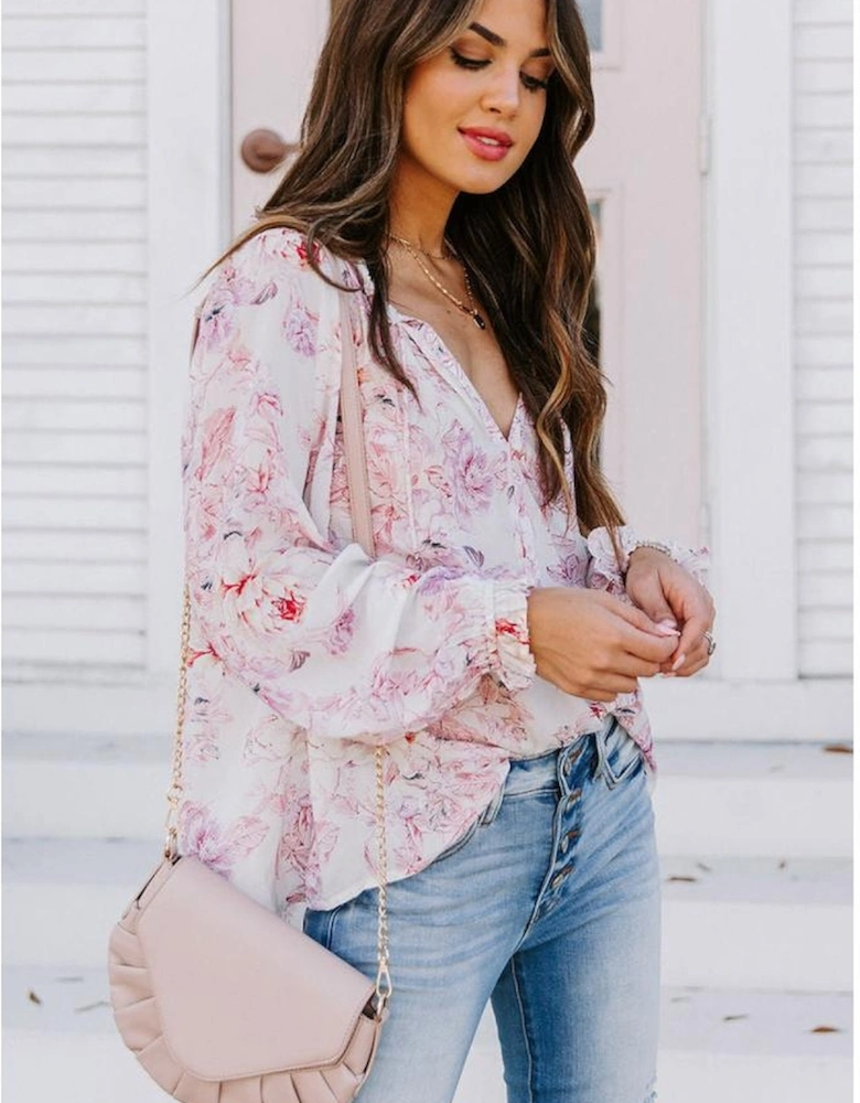 Azura Exchange Multicolour Vibrant Floral Printed Ruffle Trim Blouse