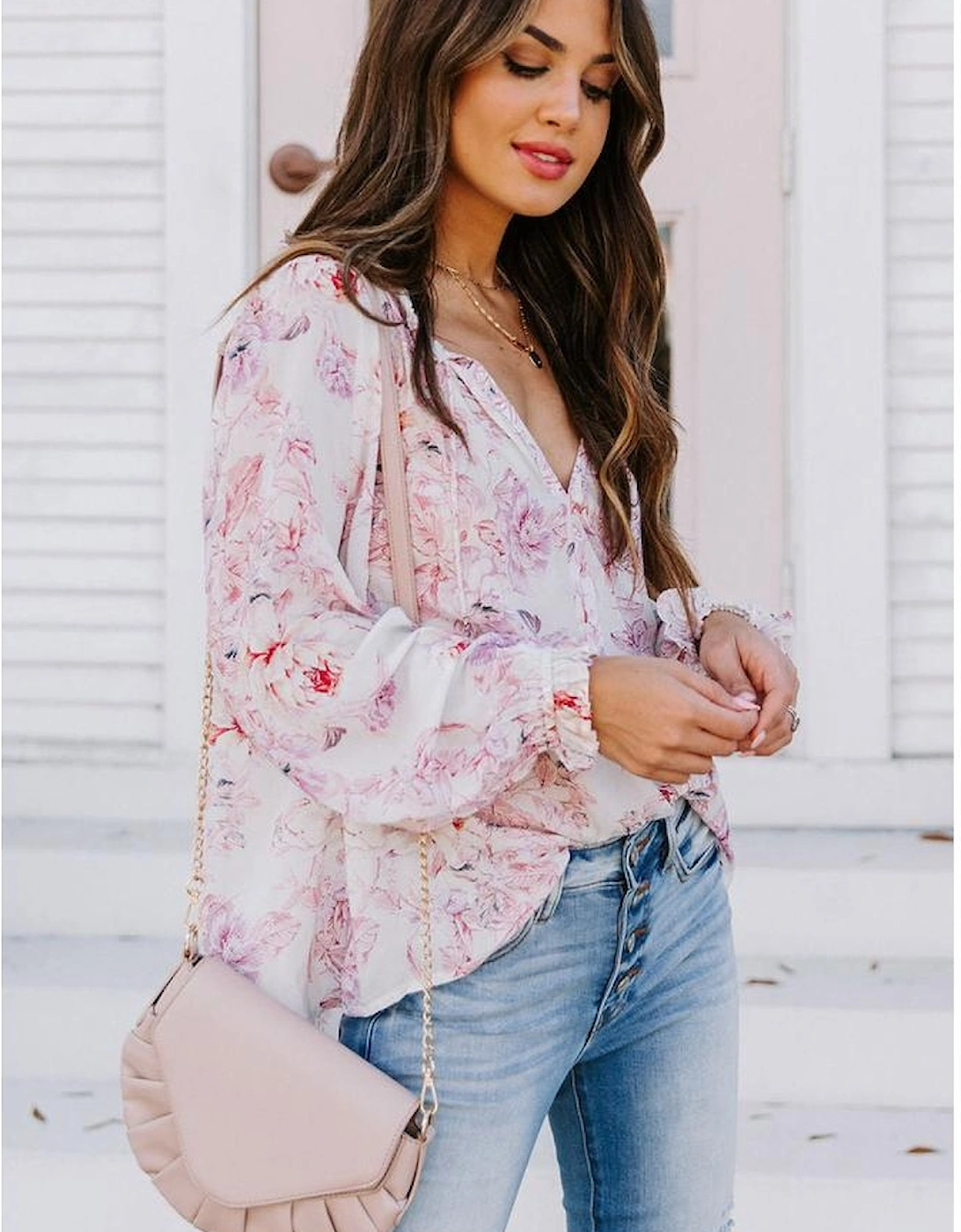 Azura Exchange Multicolour Vibrant Floral Printed Ruffle Trim Blouse