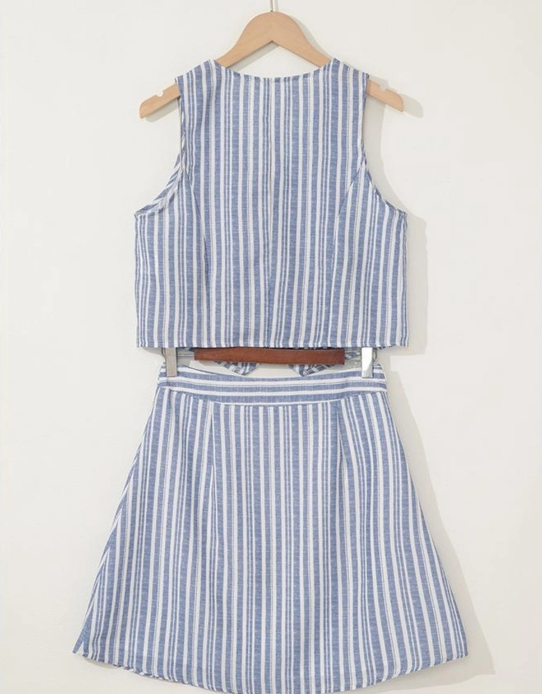 Sky Blue Stripe Buttoned Office Waistcoat Mini Skirt Set