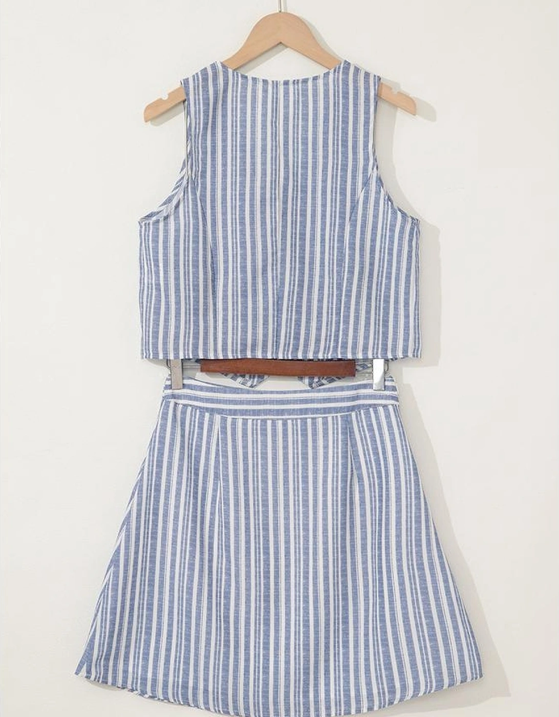 Sky Blue Stripe Buttoned Office Waistcoat Mini Skirt Set