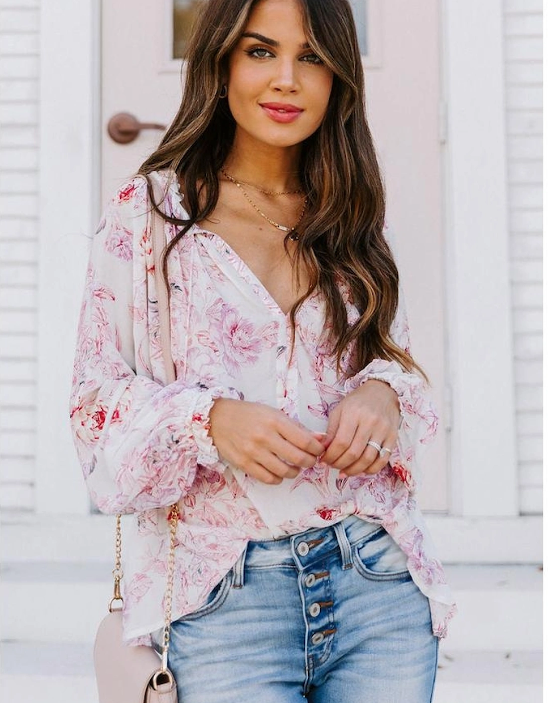 Azura Exchange Multicolour Vibrant Floral Printed Ruffle Trim Blouse