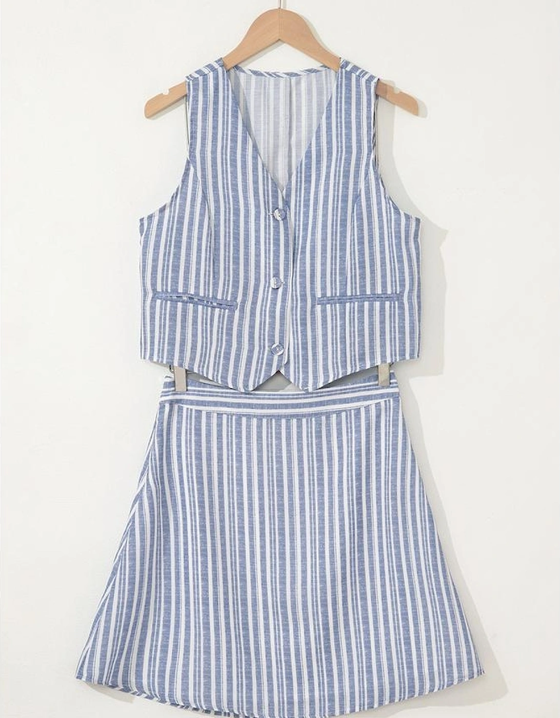 Sky Blue Stripe Buttoned Office Waistcoat Mini Skirt Set