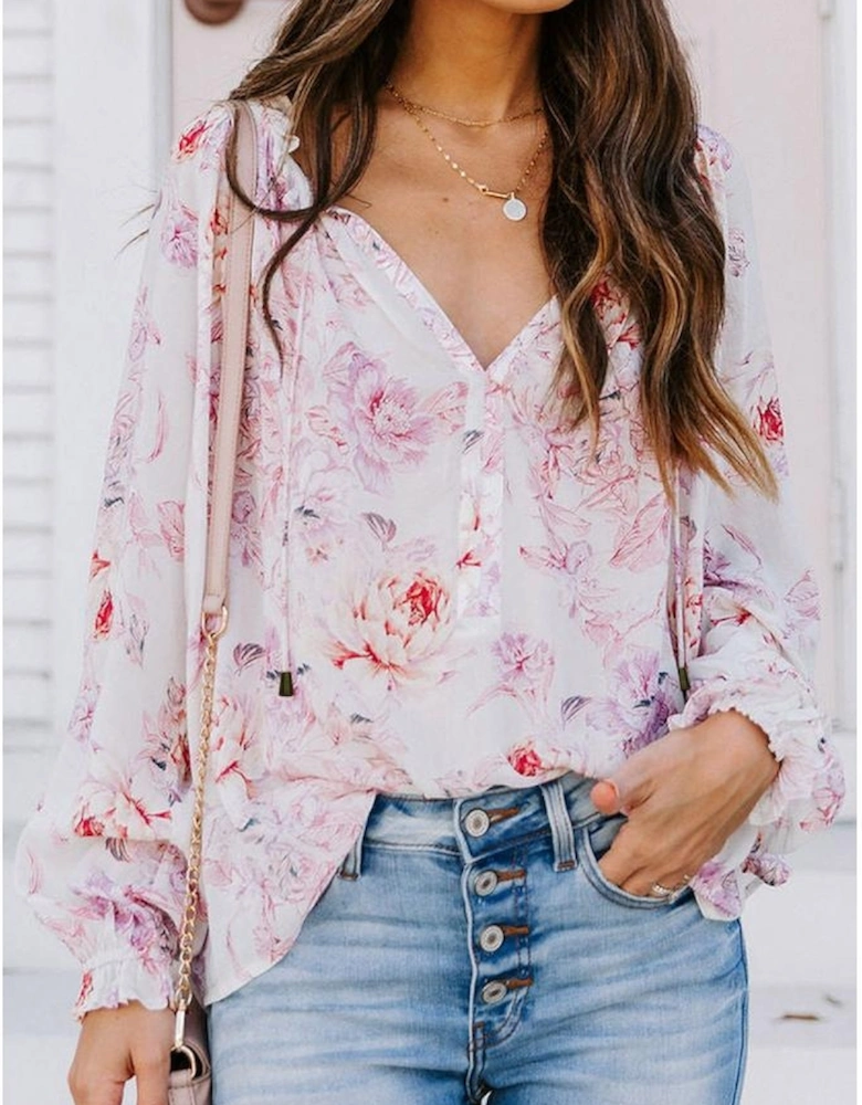 Azura Exchange Multicolour Vibrant Floral Printed Ruffle Trim Blouse