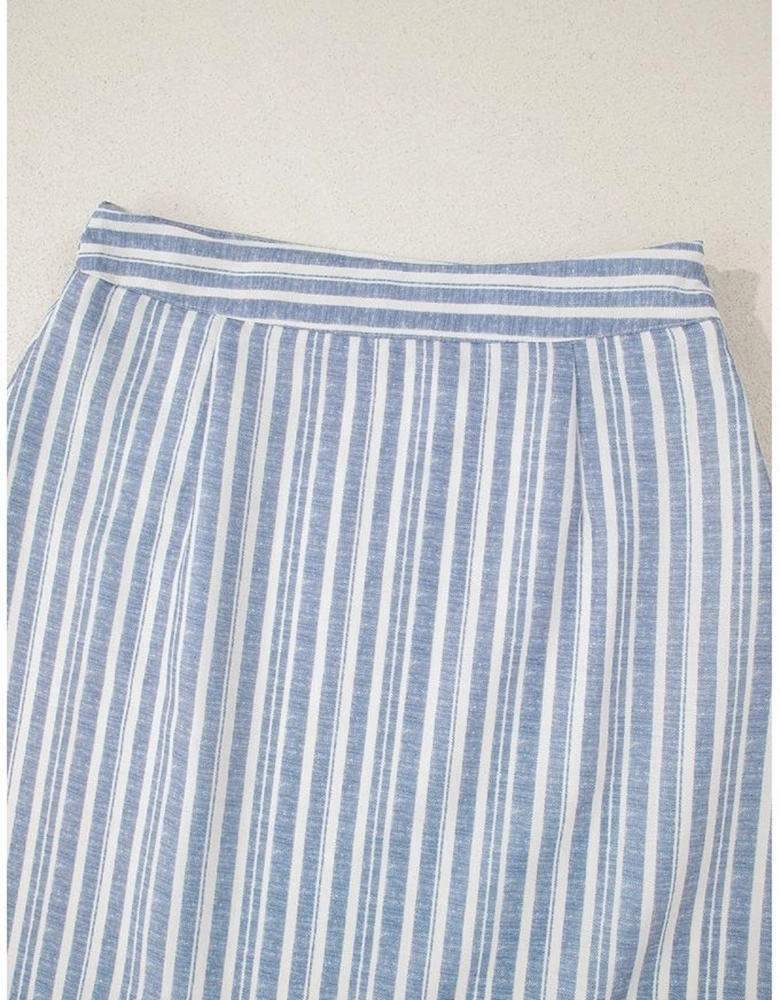 Sky Blue Stripe Buttoned Office Waistcoat Mini Skirt Set