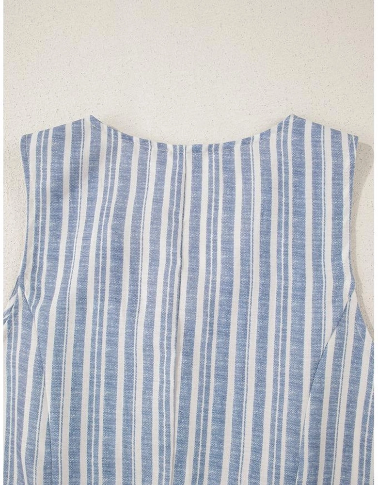 Sky Blue Stripe Buttoned Office Waistcoat Mini Skirt Set