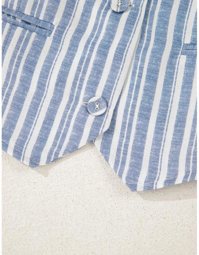 Sky Blue Stripe Buttoned Office Waistcoat Mini Skirt Set